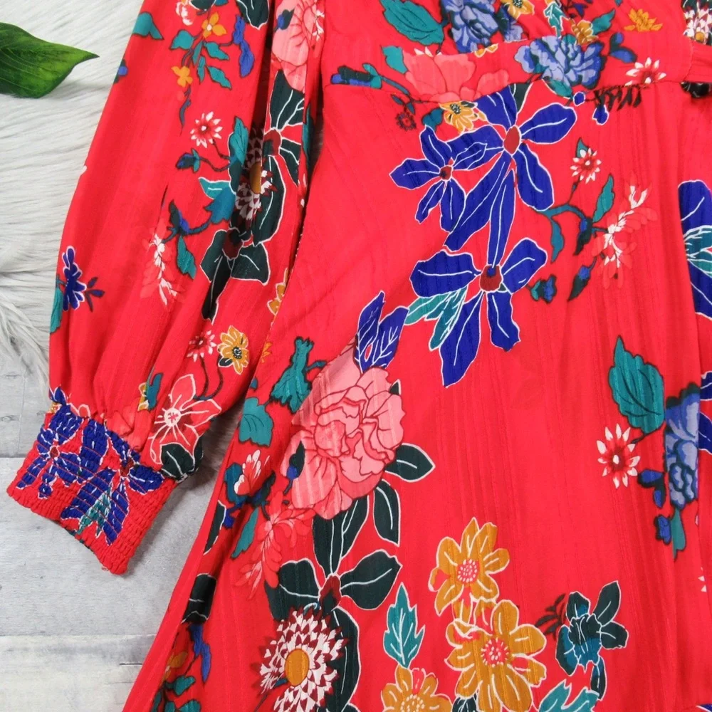 ANTHROPOLOGIE Boswell Red Floral Textured Wrap Tunic Dress Women's Size 12